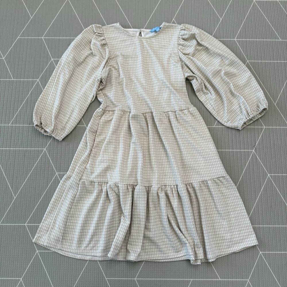 Draper James RSVP Dress Womens Small Gold Ivory Houndstooth Tiered Puff Sleeve